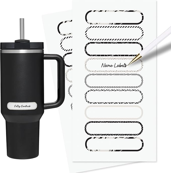 ThreeKin Waterproof Labels for Bottles and Containers - Custom Stickers - All-Purpose and Personalizable - Dishwasher, Freezer and Microwave Safe - BPA-Free - USA-Owned (Black and White, 72pcs)