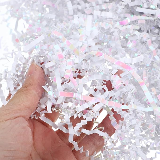 TEHAUX Colorful White Raffia Paper Shred Basket Filler 100g Pack, Crinkle Wrapping Box Filler for Packaging, Decorative Basket Stuffing for Presents and Crafts