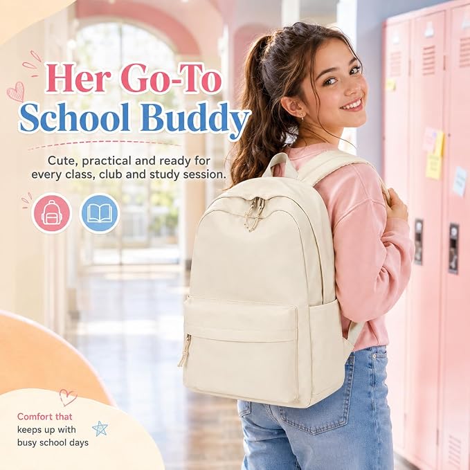 LOIDOU Backpack for Girls School Backpacks Bookbags for Elementary Middle School Women Laptop Backpacks (Pure Beige, L-17)