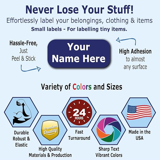 120 Small Personalized Waterproof Name Labels. Press and Stick Multi use Custom Mini Name Labels. Customized 2 Lines of Text and Color. Tiny Name Stickers with Permanent Self Adhesive.