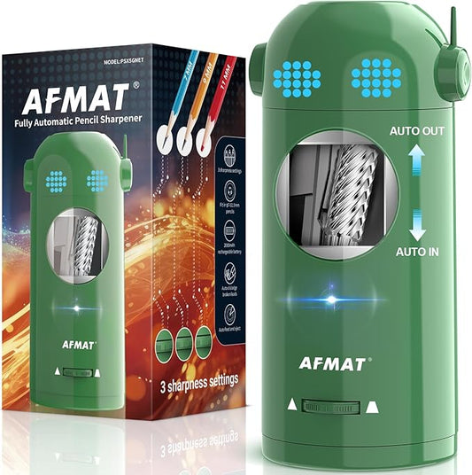 AFMAT Electric Pencil Sharpener, Fully Automatic Colored Pencil Sharpener for 7-11.5mm Pencils, Auto in &Out, Robot Pencil Sharpeners for Kids, Rechargeable Hands-Free with Dotted Eyes, PSX5ET, Green