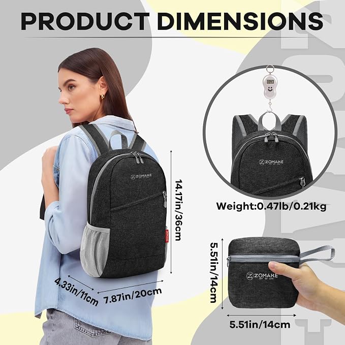 ZOMAKE Lightweight Packable Backpack, 10L Small Foldable Daypack for Hiking | Water Resistant Collapsible Backpacks for Women Men, Everyday Carry, Multi Compartment Storage, Adjustable Strap(Black A2)