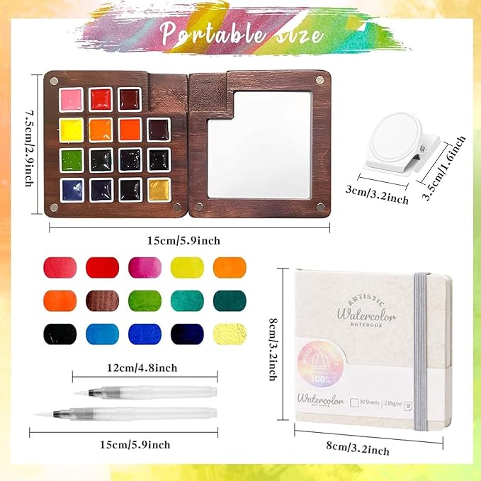 Mini Paint Palette Travel Kit - Mini Travel Watercolor Palette Set, Pocket Artist Water Color Travel Set with Colours, Binder Clips, Watercolor Pens, Wooden Paint Box for Painters Artists Students