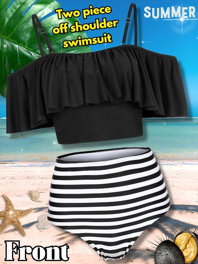 Kaei&Shi High Waisted Flounce Bikini Set,Tummy Control Swimsuits for Women,Off Shoulder