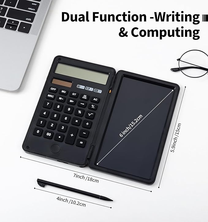 Desk Portable Calculator with Notepad and Stylus, Large Basic Calculator, Solar Power, 12 Digit Large Display Multi-Function for Office, School, Home & Basic Financial (Black)