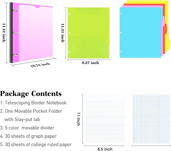 INFUN All-in-one Telescoping Binder Notebook, Refillable 3 Ring Notebook Binder with 1 Plastic Movable Pocket Folder,5 Plastic Subject dividers and Graph Paper and College Ruled Paper- Pink