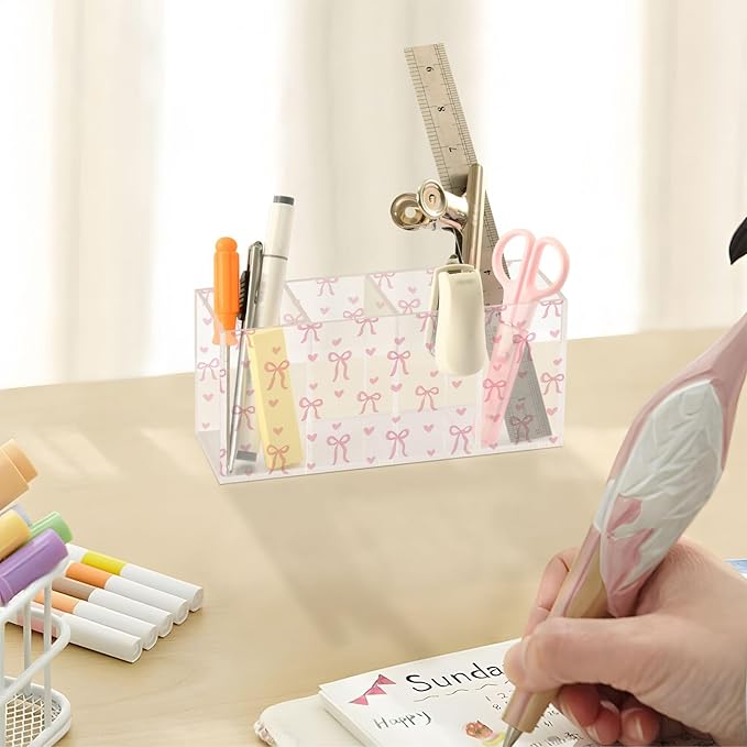 Aslsiy Cute Coquette Pink Bow Pen Holder White 4 Compartments Acrylic Pencil Holder Clear Makeup Brush Holder Desk Organizer Office Supplies