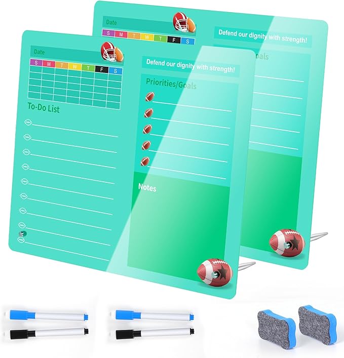 LeMotech Desktop Acrylic Dry Erase Board, 12x10 inches Weekly & to-Do List Planner, Tabletop Whiteboard with Stand, Office Supplies Includes 2 Markers & 1 Eraser, Green Football Pattern, 2 Pack
