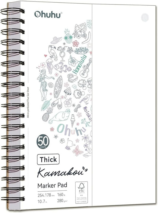 Ohuhu Double-Sided Marker Pad, Bleedproof Art Sketchbook – 7"x10" Large, 160 lb/280 gsm Heavyweight Smooth Paper – 50 Sheets/100 Pages, Spiral-Bound Drawing Book for Alcohol Markers