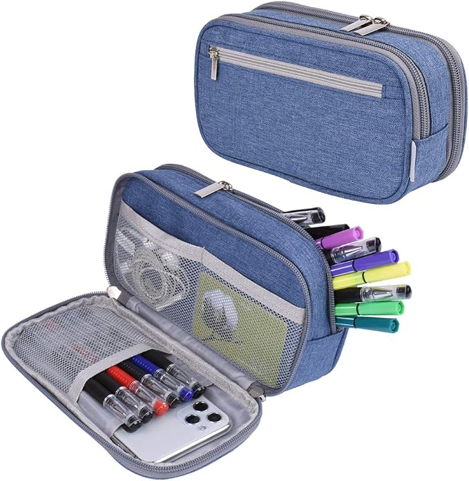 Big Capacity Pencil Case Large Pencil Bag Pouch Pen Case Pencil Marker Holder with High Storage for Office Desk Organizer Supplies Cosmetic Makeup Bag, Blue