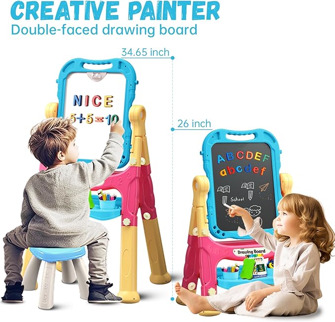 Art Easel for Kids Double Sided Magnetic Drawing Board with Letters & Numbers, Adjustable Standing Easel for Toddlers, Creative Play & Learning Toys for Kids - Blue