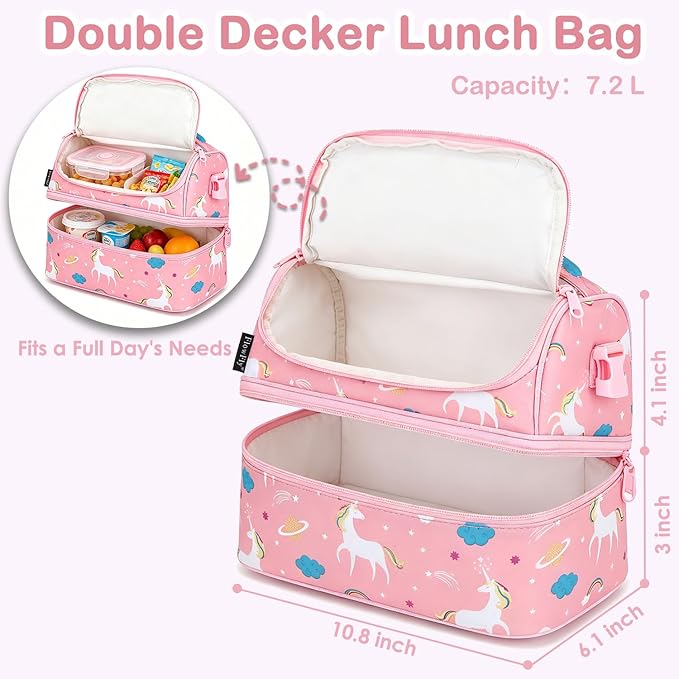 FlowFly Kids Double Decker Cooler Insulated Lunch Bag Large Tote for Boys, Girls, Men, Women, With Adjustable Strap, Unicorn