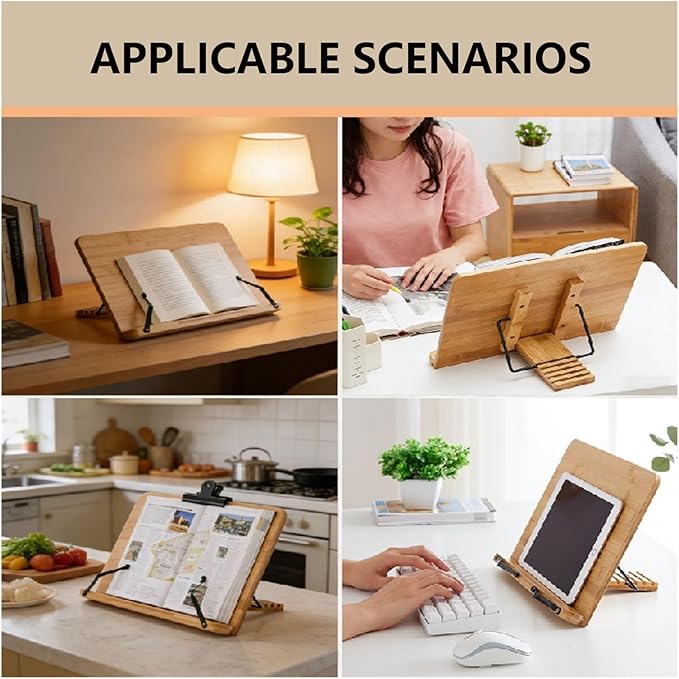 Adjustable Bamboo Book Stand & Cookbook Holder for Kitchen Counter丨5-Level Wooden Bookstand for Reading, Textbooks, or Bible Stand Holder丨Portable Recipe Book Stand with Locking Design(Large)