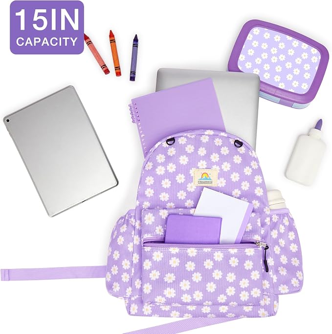 STEAMEDBUN Corduroy Kids Backpack for Girls and Boys 5-8: Girls Backpack for Elementary Kindergarten - 15 inch Cute Backpacks for Kids - Purple Daisy