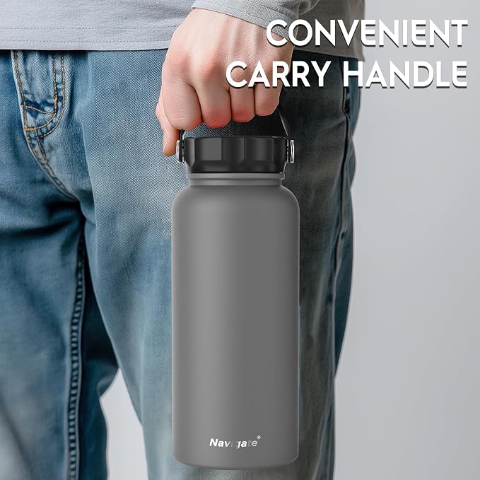 Navigate 32oz Insulated Water Bottle for Sports, Keep Cold 24H | 2-in-1 Spout and Handle Lids, Double Leak-Proof, 18/8 Stainless Steel, BPA-Free, Wide Mouth for Gym and Hiking,Grey