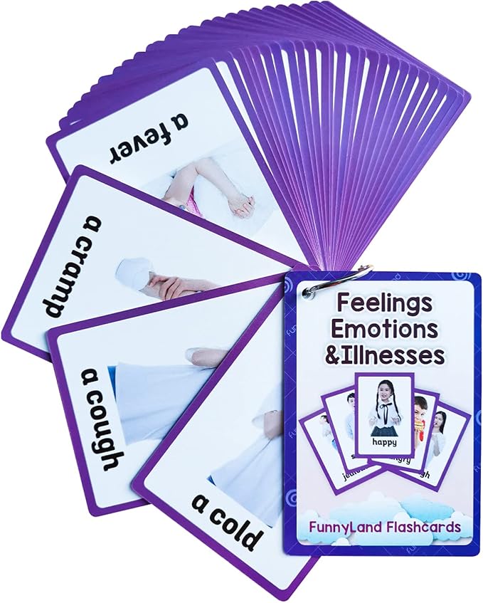 Lilias Feelings Emotions & Illness Flash Cards, Toddler Learning Toys, Preschool Learning Toys, Homeschool Supplies, Learning Supplies for Kindergarten, 4.3 X 3.14 Inch, 32 Cards in Set