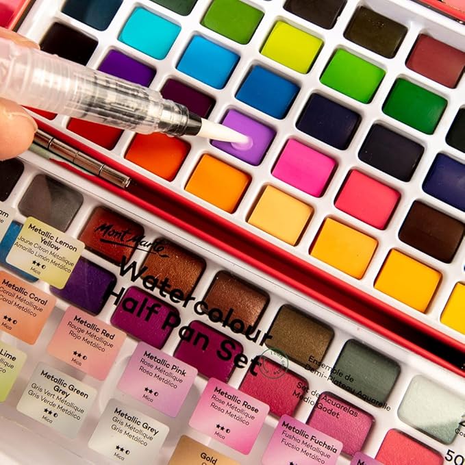 Mont Marte Watercolor Set Signature 73pcs, Including 50 Bright and 22 Metallic Colors with Translucent Finish, Ideal for Artists, Hobbyists and Adults