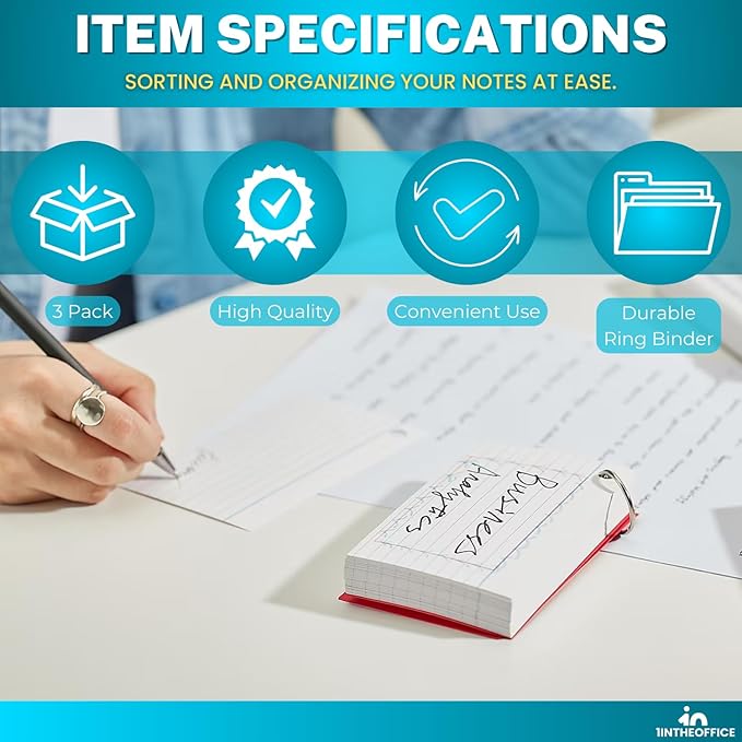 1InTheOffice Index Cards with Ring 3x5, Flash Cards with Binder Ring, Single Hole Punched Notecards, White, 100 Cards