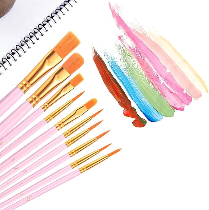 AROIC Painting Brushes Set, 10 Packs /100 Pieces, Nylon Brush Head, Suitable for Oil and Watercolor, Perfect Suit of Art Painting, Best Present for Painting, Pink