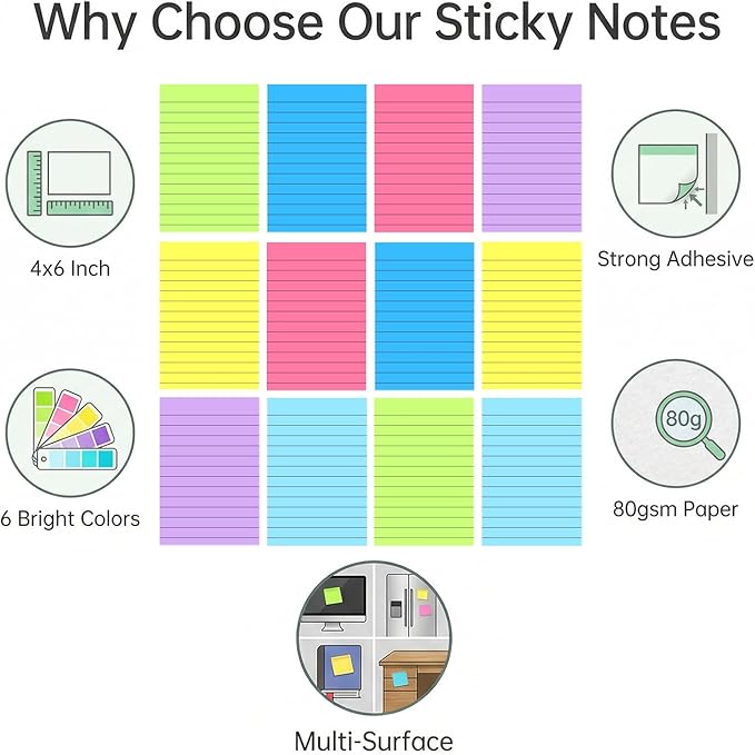 12 Pack Lined Sticky Notes 4x6 in Bright Colors Self-Stick Note Pads with Lines, Colorful Bulk Sticky Memo Pad for School, Office, Meeting