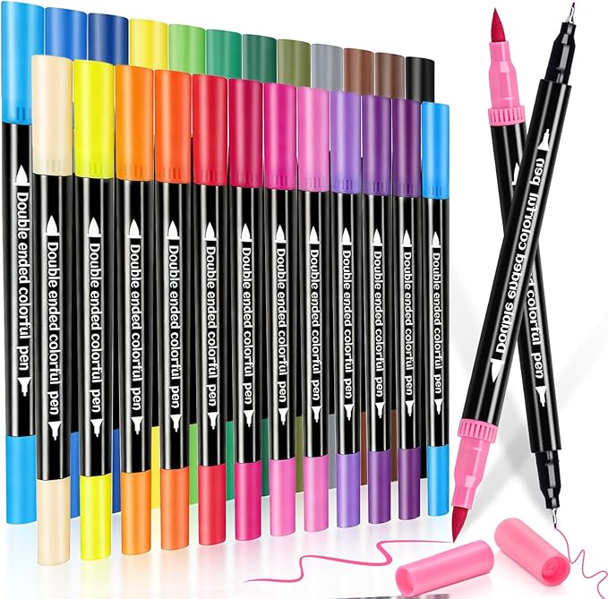 24 Colors Dual Markers Brush Pens, Art Markers Colored Pens for Adult Coloring Books, Brush and Fine Point Dual Tip Artist Colored Marker Set for Drawing Adult Coloring Hand Lettering