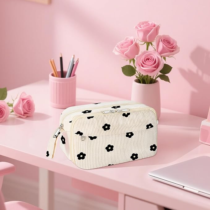 Large Pencil Pouch for Girls,Cute Corduroy Pencil Case Pouch Aesthetic Soft Pencil Bag for School, Zippered Pencil Organizer School Supplies for Girls Women Gift (black floral)