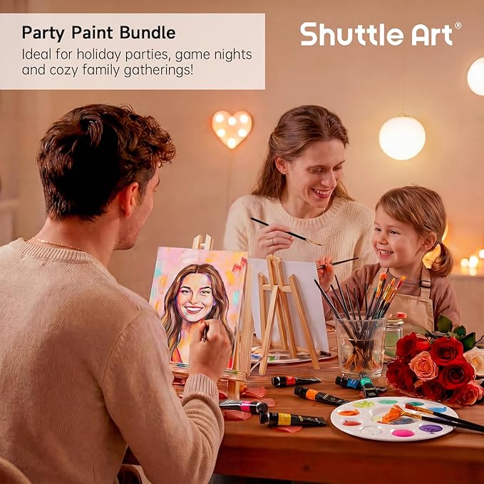 Shuttle Art 69 Pack Painting Kit for Adults and Couples, Sip and Paint for Date Night & Crafts, with 2 Packs 15-Color Acrylic Paint, 3 Wooden Easels, Canvas, Brushes & Palettes