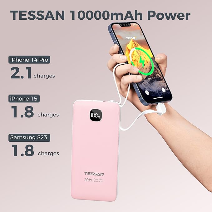 Portable Charger with Built in Cables,TESSAN 10000mAh Power Bank Fast Charging with Foldable Wall Plug Charger, PD20W Compact Battery Pack Travel Essentials for iPhone 17/16/15 Series,Samsung,Tablets