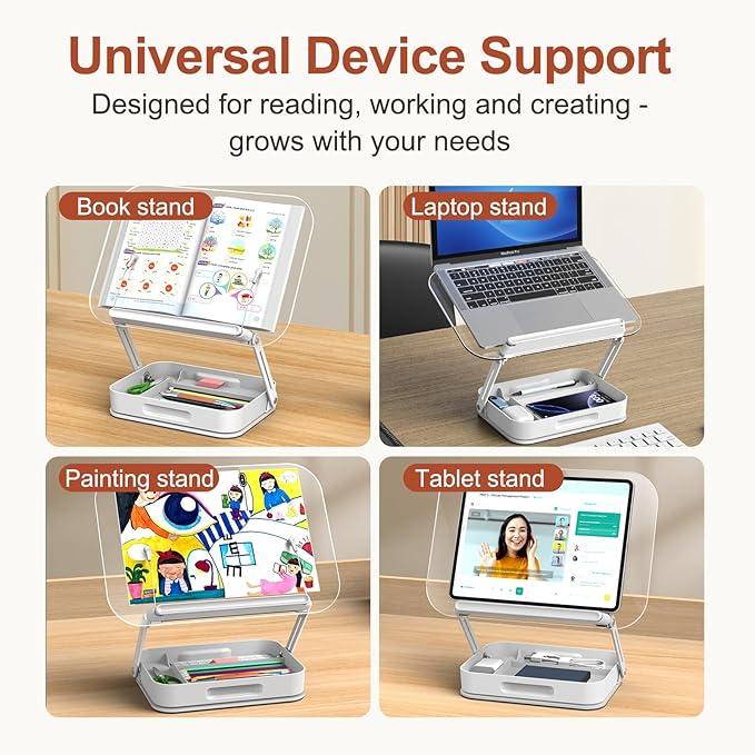 Acrylic Book Stand with Storage, Adjustable Book Holder for Reading with 360° Rotating Bases, Foldable Desktop Riser Stand, Elastic Clips for Cookbook Recipe Magazines Tablets, Laptops (Clear)