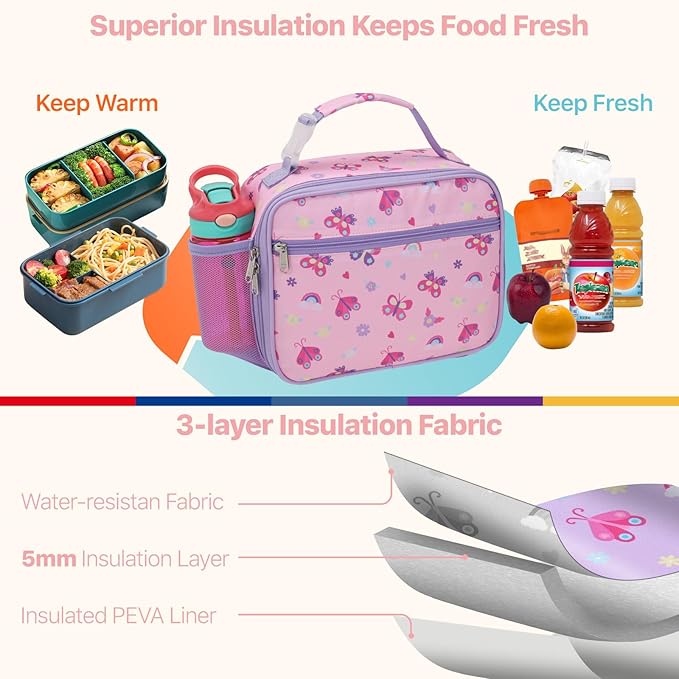 Bagseri Kids Lunch Bag Girls - Thermal Insulated Lunch Box Tote with Water Bottle Holder, Reusable Leak-Proof Kids Lunch Box for Daycare & School, Pink Butterfly (Containers Not Included)