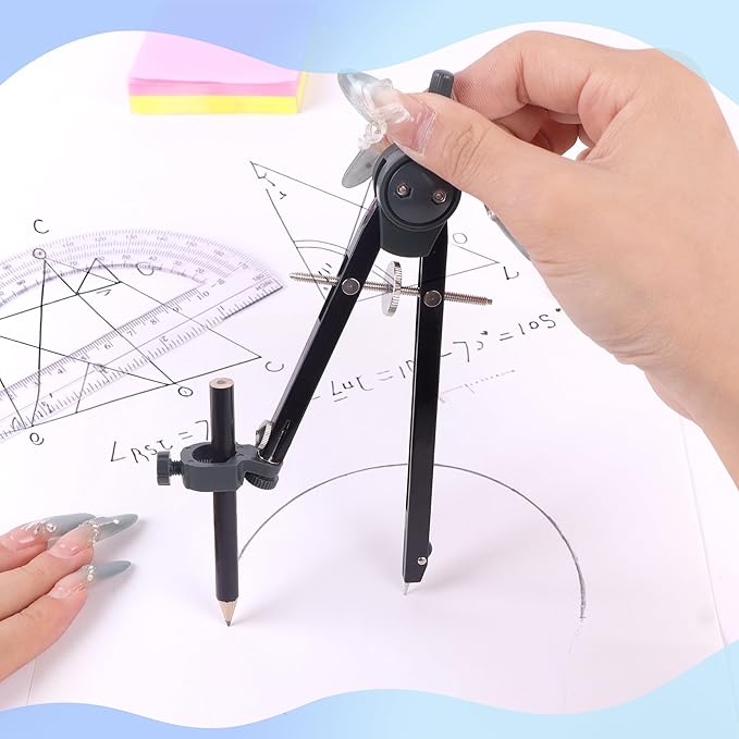 UNJOO Professional Compass for Geometry Set, Metal Compass with Wheel and Lock for Geometry, Drawing Compass Tool, Circle Drafting Tool, and 6 Inch Math Protractors 180 Degree (Silver)