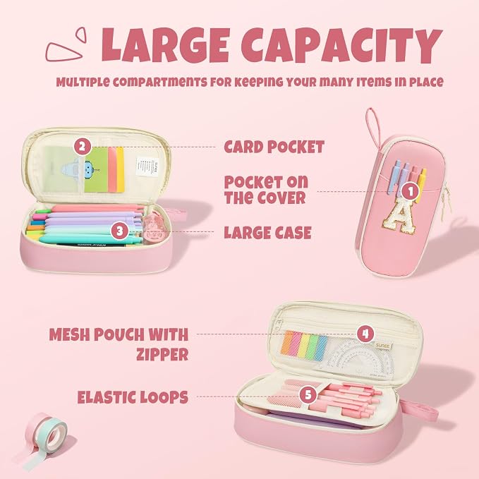 SUNEE Cute Pencil Case, Kawaii Big Capacity Pencil Pouch, Personalized Initial Pencil Bag with Zipper, Stationery Storage and Organizer, Back to School Supplies, Pen Box for Girls & Boys, Teen, A-Pink