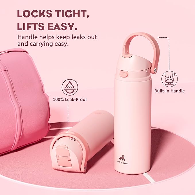 POWCAN 24 oz Insulated Water Bottle for Sports: 2-in-1 Lid with Push-Button Spout & Quick-Flip Straw, Leakproof, Car Cupholder Friendly, Stainless Steel for Gym, School, Travel (Cotton Candy)