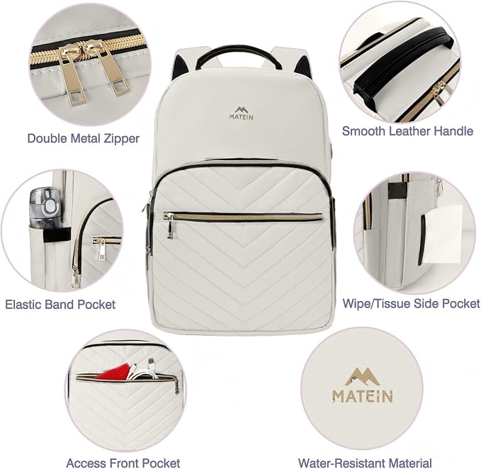 MATEIN Travel Laptop Backpack, Anti Theft Quilted Slim Backpacks for Women | Bookbag with Detachable Keychain Hook, Carry on Bags Purse, for Teacher Doctor Nurse, Fits 15.6 Inch Notebook, White