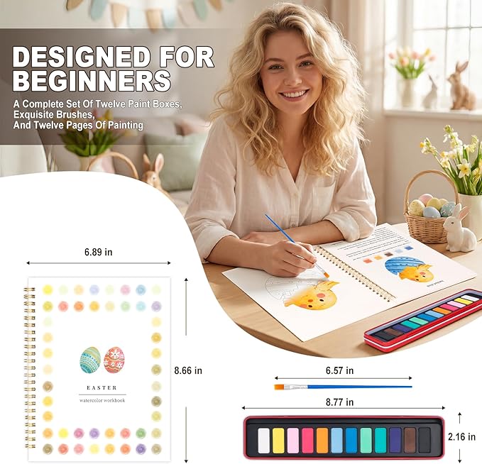 Metyond Easter Watercolor Workbook - Watercolor Coloring Book with 1 Workbook 12 Colors Paint Set with Brush, Beginner Friendly Watercolor Workbooks Set Easter Gift for Adults Teens