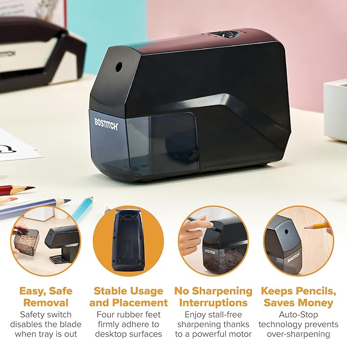 Bostitch Portable Rechargeable Battery Horizontal Pencil Sharpener Helical Blade for No.2/Colored Pencils, Black