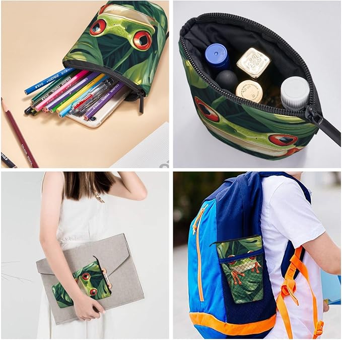 Green Frog Standing Pencil Case Cute Telescopic Stationary Pouch with Zipper Large Capacity Stand up Pen Bag Portable Makeup Holder for School Office Supplies