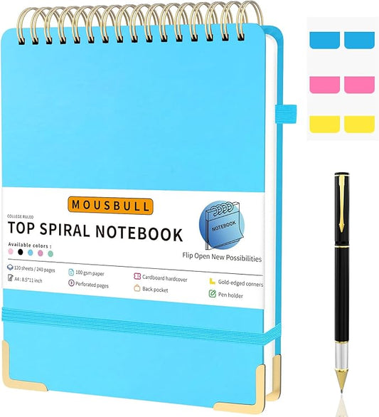 Top Spiral Notebook, A4 Hardcover Top Bound Steno Pads, 240 Pages 100gsm College Ruled Left Handed Notebook Journal for Work, School, Meeting Writing - Blue, 8.5" x 11"