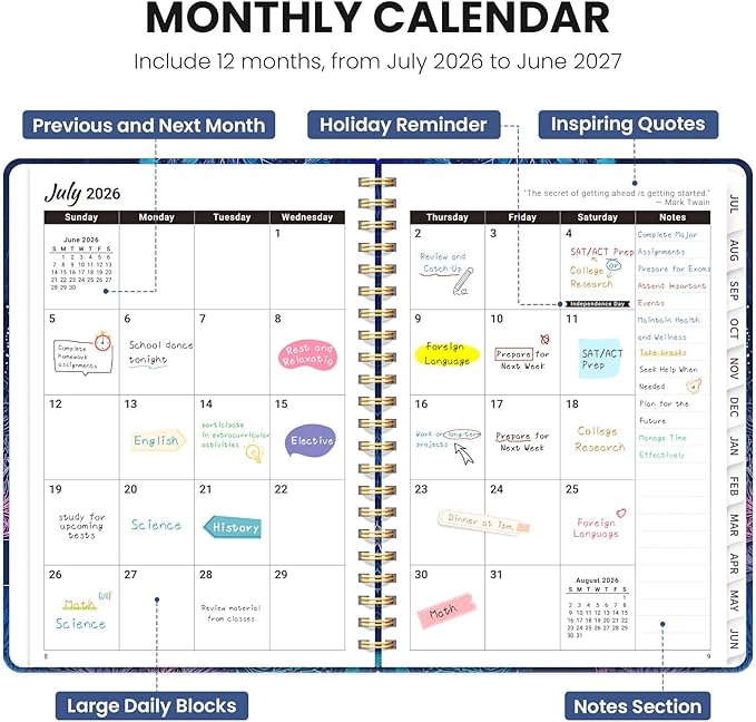Planner 2026-2027, Academic Planner Weekly and Monthly, Jul 2026 - Jun 2027, Spiral Bound School Planning Tool with Tabs and Pocket, Perfect for Students & Teacher, 6.3" x 8.5", Luminous Deep
