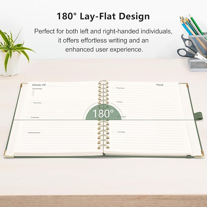 RETTACY Undated Planner, Weekly and Monthly, 53 Weeks and 12 Months, Medium Size (5.7" x 8.3"), 24 Self-adhesive Monthly Tabs, Hardcover, 100 GSM Thick Paper, Spiral-bound (Light Green)