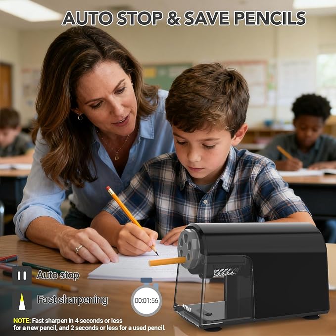AFMAT Electric Pencil Sharpener for Classroom, 6 Holes, Cordless & Rechargeable, Fast Sharpen, Auto Stop, 10K+ Uses, Heavy Duty Pencil Sharpener for 6-11mm No.2/Large/Colored Pencils PSD2(Black)
