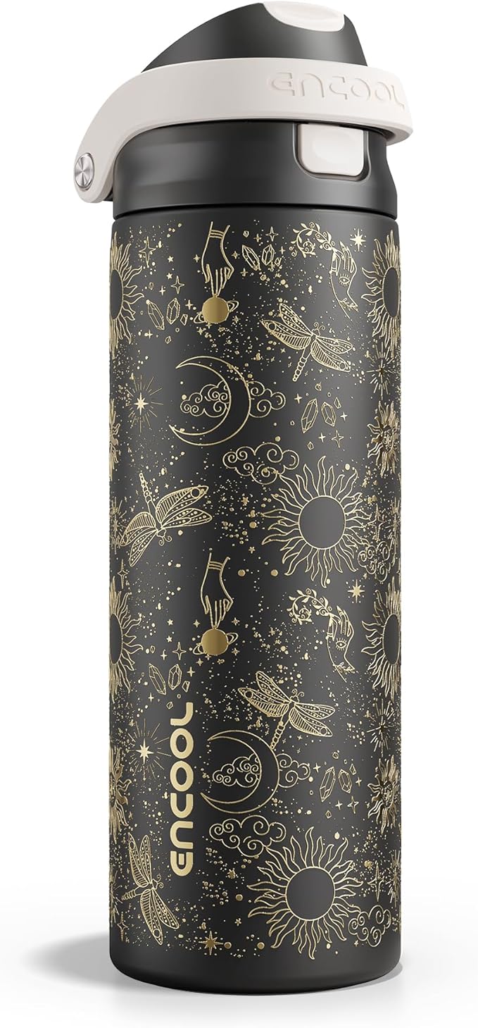 ENCOOL Leakproof Insulated Water Bottle with Straw Dual-Sip Water Bottle Bag-Safe Design for Work, Commute & Gym – Keeps Drinks Cold All Day, 24 oz, Oracle Moth