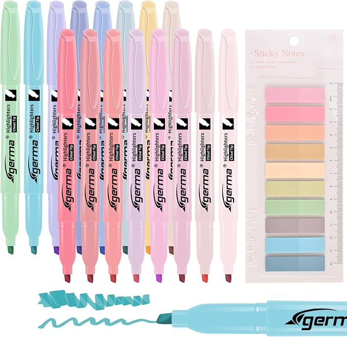 Cgerma Pastel Highlighters Assorted Colors 16 Pack, 200 transparent sticky tabs, Chisel Tip Cute Aesthetic Highlighters Quick-Drying for Journaling, School Office Supplies