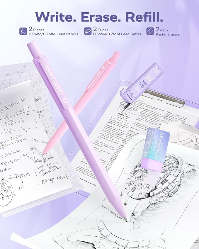 Four Candies Purple School Supplies, Gel Pens with Black Ink,Correction Tapes,Pastel Highlighters, Mechanical Pencils, Sticky Notes, Index Post for Bible Study Stationary College Essentials