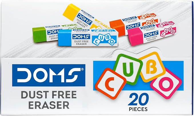 Doms Dust Free Cubo Eraser Box Pack | Comfortable Edge for Easy Handling | Non-Toxic & Safe for Kids | Attractive Body Colors | Pack of 20 Pcs
