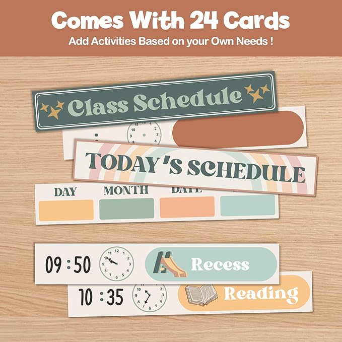 Boho Daily Schedule Pocket Chart for Classroom with 24 Cards，Welcome Back to School Classroom Decorations, White