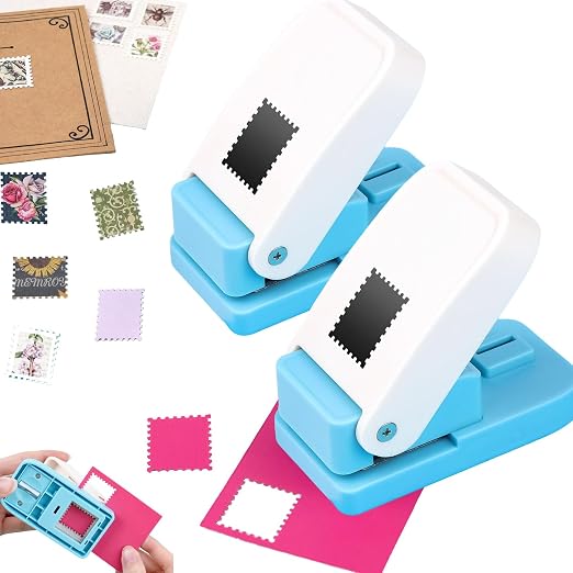 2 Pcs Stamp Punches, Rectangular Embossed Edge Postage Stamps Shape Paper Punch, Square Hole Stamps Craft Puncher for Paper Crafting Scrapbooking, 1x0.8 Inch Stamping-Out Cutter Crafts Supplies Tools