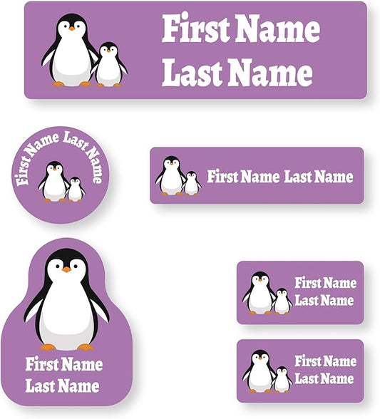 Personalized Kids Name Labels – Waterproof Custom Stickers for Daycare & School, Dishwasher & Laundry Safe (Purple Penguin)