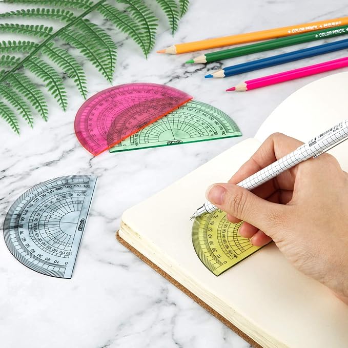 24 Pack Plastic Protractors Math Protractor 180 Degrees 4 Inch (Red Green Yellow Blue)