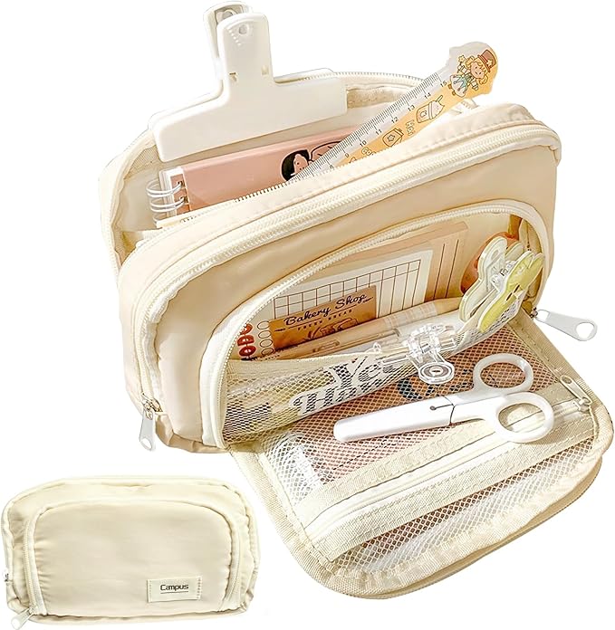 LSLSHY Big Capacity Pencil Case Large Three-ply Zipper Pen Pouch Office School Stationery Supplies for Teen Girls Boys Students (Beige)